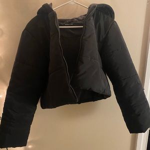 Black cropped puffer jacket with hood